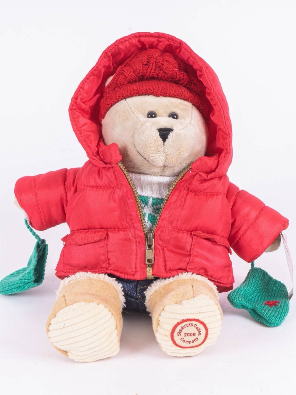 STARBUCKS NWT Barista Bear in Red Puffer Jacket with Green Mittens 2006